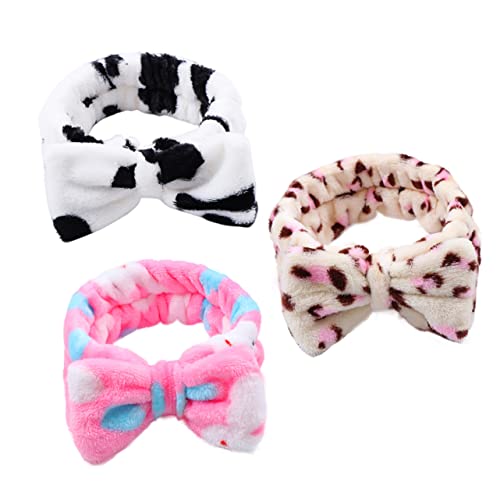 DEARMAMY 3 Stück Bowknot Haarschmuck Kopfband für Gesichtswäsche Elastisches und Weiches Fleece Design für Make Up Spa und Pflege Damen Haarband Süßen Farben Hase Leopardenmuster von DEARMAMY