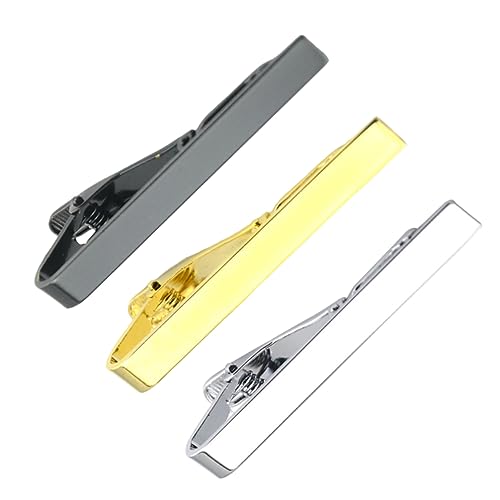 DEARMAMY 3 Stück Teiliges Herren Damen Krawattenklammern Metall Schlichtes Design mit Glatter Oberfläche Federbelastete Ansteckclips in Gold Silber Schwarz Verhindert Verrutschen und Sorgt von DEARMAMY