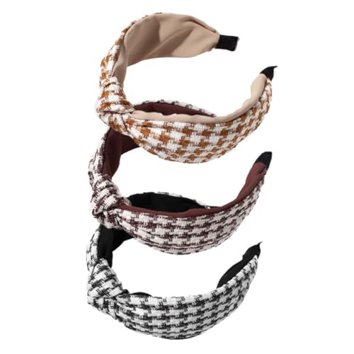 DEARMAMY 3 Teiliges Stirnband Stilvoll Knoten Flauschig Perlen Gym Stirnbänder Satin Damen Frauen Haare Frau Kariert Süß Mädchen Schleife Pailletten Blumenmuster von DEARMAMY