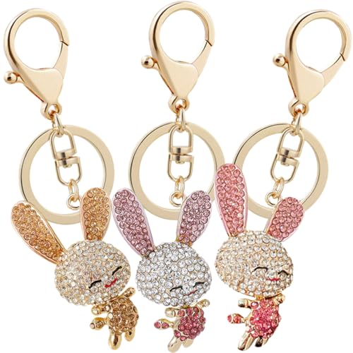 DEARMAMY 3stücke Strass Kaninchen Schlüsselanhänger Metall Häschen Anhänger Taschenschlüsselring Tier Schlüsselanhänger Auto Haus Tür Schlüssel Dekoration von DEARMAMY
