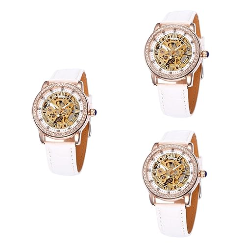 DEARMAMY 3stücke Damen Automatik-Uhr Mit Pu-Armband Edelstahl Weißes Zifferblatt Elegante Mechanische Zeitmessung Für Modebewusste Frauen Und Mädchen Präzise Zeitanzeige Von Stunden von DEARMAMY
