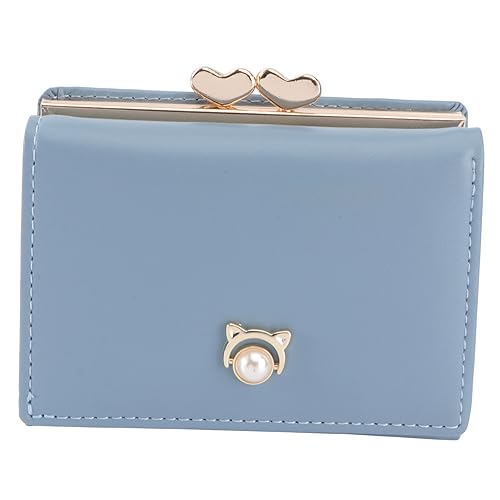 DEARMAMY 3stücke Damen Geldbörse Aus Pu-Leder Faltbares Portemonnaie Mit Manmade Perlen Kurzes Multi-Karten-Design Blau Für Reisen Und Alltag von DEARMAMY