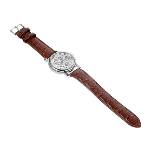 DEARMAMY 3stücke Winner Herrenmechanik-Uhr Mit Manuellem Aufzug Elegantes Design Mit Runder Hohl Gearbeiteter Zifferblatt Pu-Armband Silber Und Braun Für Modebewusste Männer von DEARMAMY