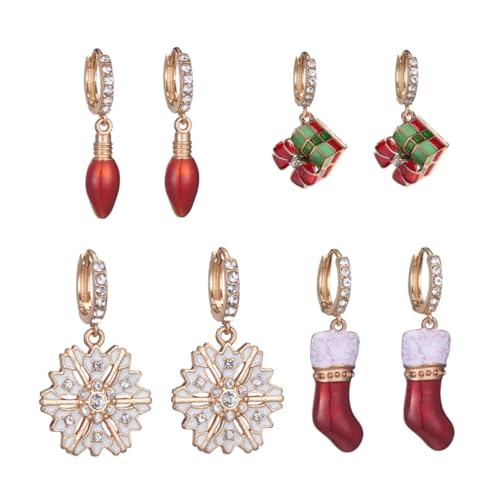 DEARMAMY 4 Paare Weihnachtsohrringe Ohranhänger mit Christbaum Schneeflocken Weihnachtsstrumpf und LED Ohrhänger Damen Schmuck für Festliche Partys und Winterdekoration von DEARMAMY