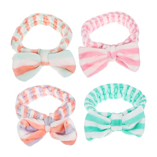 DEARMAMY 4 Stück Elastisches Makeup Haarband mit Schleife aus Fleece Praktische Gesichtsbänder für Make Up und Gesichtsreinigung Farben von DEARMAMY