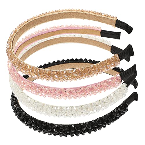 DEARMAMY 4 Stück Handgemachte Perlen Haarbänder für Mädchen Rutschfeste Haaraccessoires mit Kristallen in Weiß Champagner Rosa und Schwarz für Partys und Festivals von DEARMAMY