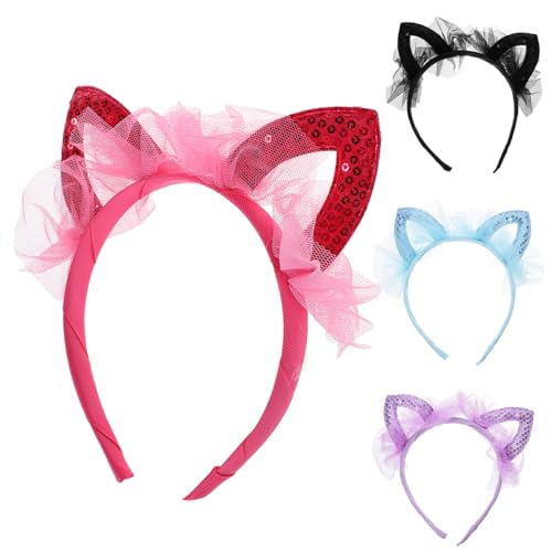 DEARMAMY 4 Stück Katzenohren Haarreif Teiliges mit Glitzer und Netz Süße Haarschmuck für Halloween Partys Cosplay und Festivals Leichte und Bequeme Trageweise Einzigartige Dekoration von DEARMAMY
