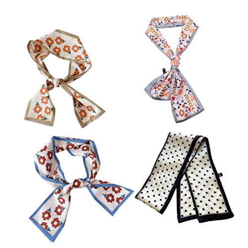 DEARMAMY 4 Stück Teiliges Damen Haarband Vielseitige Seidenschals mit Blumen und Punktmuster Leichte Strapazierfähige Tücher als Haar Hals oder Armbänder für Party Strand Alltag von DEARMAMY