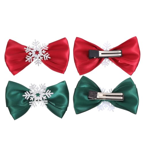 DEARMAMY 4 Stück Weihnachtliche Haarschleifen Teilig Haarspangen mit Schneeflocken Handgefertigte Rot Grüne Schleifen Festlicher Haarschmuck für Weihnachtsfeiern und Partys von DEARMAMY