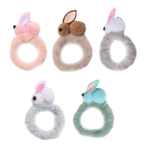 DEARMAMY 5 Stück Teiliges Flauschige Hasenohren Haargummis Pastellfarben Elastische Ponytail Halter für Mädchen und Frauen Langlebige Plüsch Haarbänder für Alltag und Ostergeschenk von DEARMAMY