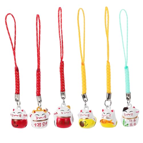 DEARMAMY 6st Lucky Cat Messingglocke Ring Japanisch Verrückt Stecker Glücklich Plüsch Maneki Kette Dekoration Gießen Schickes Hängedekor Anhänger Im Glückskatzen-Design Kupfer von DEARMAMY