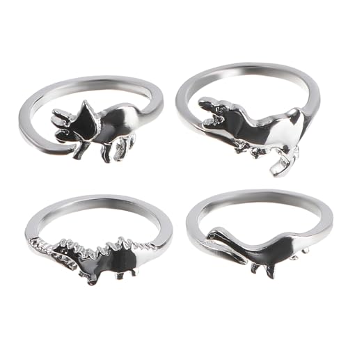 DEARMAMY 8 Stück Stilvolle Dinosaurier Ringe Set Damen Verstellbar Silberfarben Modisch Dinosaurier Schmuck mit Stegosaurus Brachiosaurus Triceratops für Party Alltag von DEARMAMY