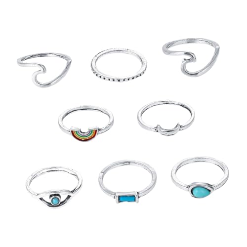 DEARMAMY 8 Stück Teiliges Vintage Ring Set Damen Kreative Bunte Wellen Design Fingerringe Leichte Hautfreundliche Modeschmuck Knöchel und Fingerringe für Alltag und Party von DEARMAMY