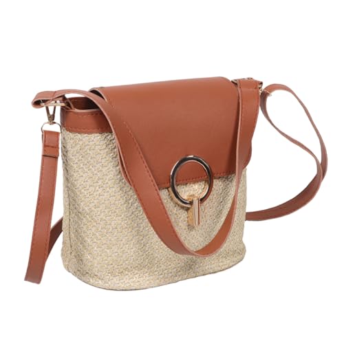 DEARMAMY Braune Handgeflochtene Strohtasche Damen Crossbody Bag Sommerliche Strandtasche im Bucket-design Geräumig und Robust für Freizeit und Urlaub Vielseitig Kombinierbar mit Casual von DEARMAMY