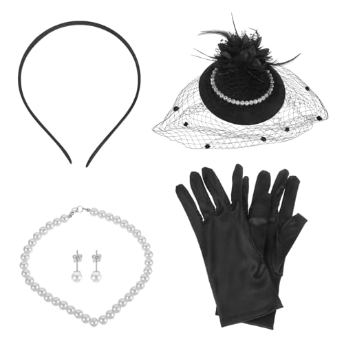 DEARMAMY Damen Fascinator Perlenschmuck Set Teeparty Zubehör Mit Hut Und Handschuhen Für Mottopartys Hochzeiten Und Besondere Anlässe von DEARMAMY