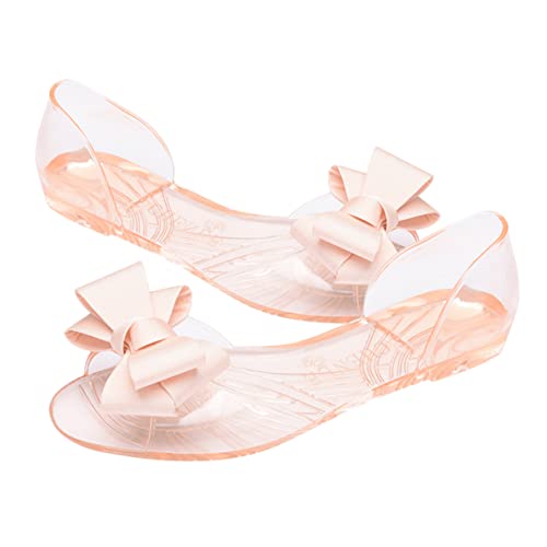 DEARMAMY Damen Flache Jelly Sandalen mit Schleife Bequeme Langlebige Sommersandalen für Strand und Alltag Atmungsaktiv Modisch Leichte Offene Schuhe in Beige von DEARMAMY