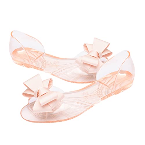 DEARMAMY Damen Flache Jelly Sandalen mit Schleife Sommer Sandaletten Leicht Atmungsaktiv Strand Schuhe Beige Komfortabel Langlebig von DEARMAMY