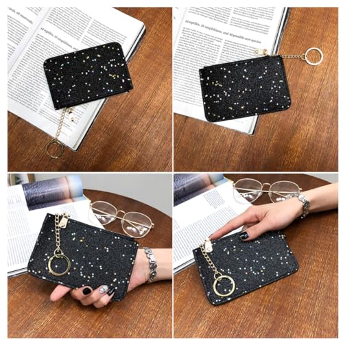 DEARMAMY Damen Zipper Geldbörse Mit Schlüsselanhänger Glitzerndes Münzfach Kleine Sequins Geldtasche Für Partys Slim Design Schwarz von DEARMAMY