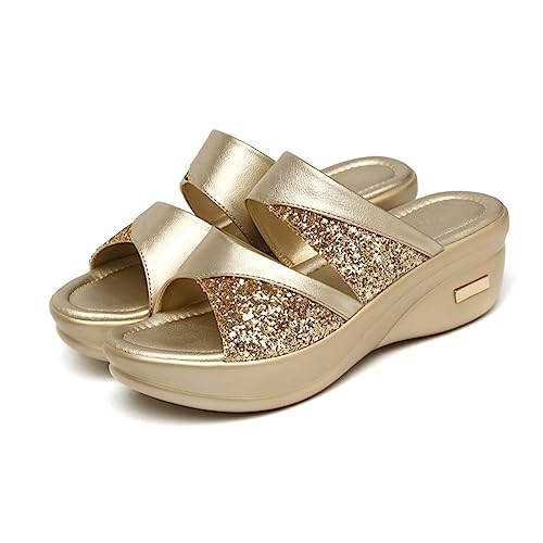 DEARMAMY Damen Keilabsatz Sandalen Sommer Thick Wedge Sole Slipper mit Fischmaul Design Goldfarbene Casual Outdoor Slipper für Frauen Rutschfest Leicht Anzuziehen von DEARMAMY