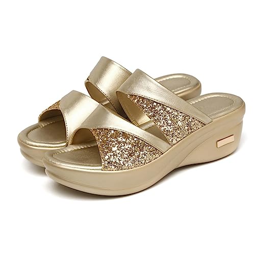 DEARMAMY Damen Keilabsatz Slipper Sommer Schuhe Damen Pantoletten Thick Wedge Sohle Fischmaul Offene Zehen Casual Outdoor Rutschfest Bequeme Sandalen Gold von DEARMAMY