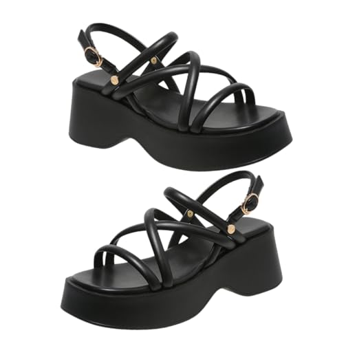 DEARMAMY Damen Keilsandalen Sommer Schwarz Mit Dickem Plateauabsatz Bequeme Modische Sandaletten Für Alltag Strand Freizeit von DEARMAMY
