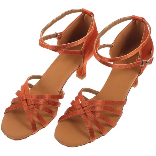 DEARMAMY Damen Latein Tanzschuhe High Heels mit Geschnürtem Riemen Goldene Absatzschuhe mit Schlangenhaut Design Offene Zehen für Tanz und Festliche Anlässe von DEARMAMY