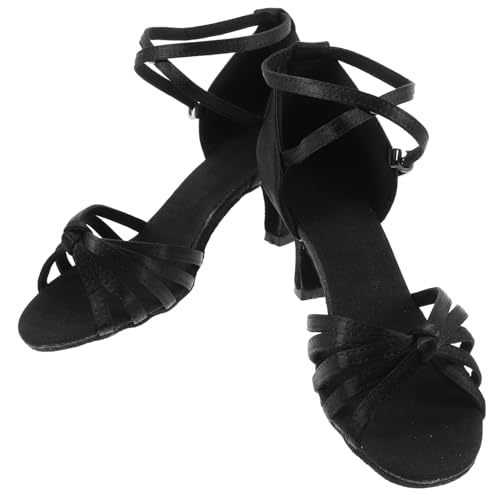 DEARMAMY Damen Latein Tanzschuhe High Heels mit Knöchelriemen Satin Oberfläche Absatz Schwarz Bequeme Stilvolle Ballroom Pumps für Tanz und Festlichkeiten von DEARMAMY