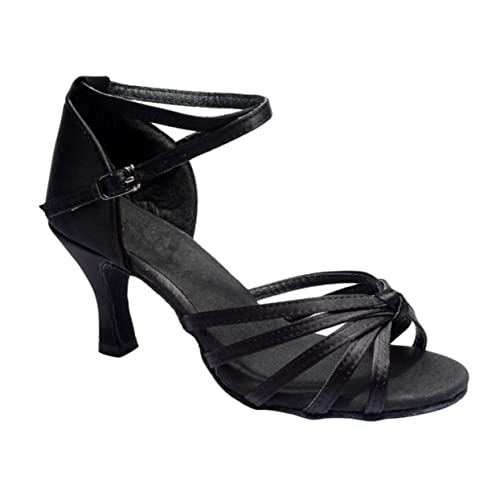 DEARMAMY Damen Latein Tanzschuhe Satin High Heels Knöchelriemen Offene Spitze Schuhe Schwarz für Salsa und Party von DEARMAMY