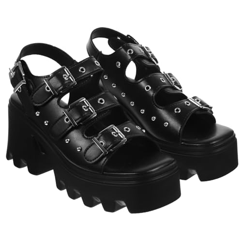 DEARMAMY Damen Platform Sandalen Punk Nieten Römisch Modisch Dicke Sohle Plateau Schuhe Schwarz Stilvoller Absatz Sommer Schuhe Elegant Freizeit Party von DEARMAMY