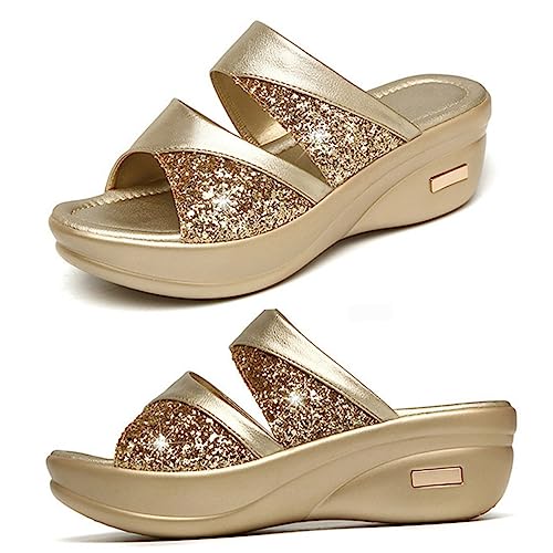 DEARMAMY Damen Sandalen Keilabsatz Sommer Casual Slipper Plateau Schuhe mit Dicker Sohle Fischmaul Design Outdoor Hausschuhe für Frauen Gold von DEARMAMY
