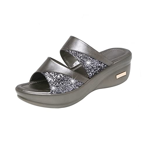 DEARMAMY Damen Sommer Sandalen mit Dicker Keilsohle Modische Offene Zehen Wedges Graue Lässige Slipper für Frauen Bequeme Outdoor Hausschuhe Vielseitige Freizeitschuhe von DEARMAMY