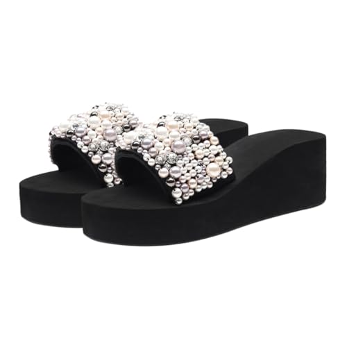 DEARMAMY Damen Wedgesandalen Sommer Keilabsatz Anti rutsch Perlen Design Strand Freizeitschuhe Modische Bequeme Sommerschuhe für Frauen Schwarz von DEARMAMY