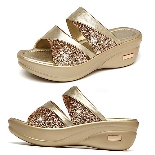 DEARMAMY Damen Wedgesandalen mit Dicker Keilsohle Fischmaul Design Goldene Sommerschuhe Bequeme Outdoor Casual Slipper für Frauen Rutschfest Leicht Anzuziehen von DEARMAMY