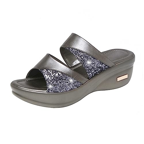 DEARMAMY Damen Wedgeslipper mit Dicker Keilsohle Fischmaul Design Graue Sommerschuhe und Robust Geeignet für Strand und Freizeit von DEARMAMY