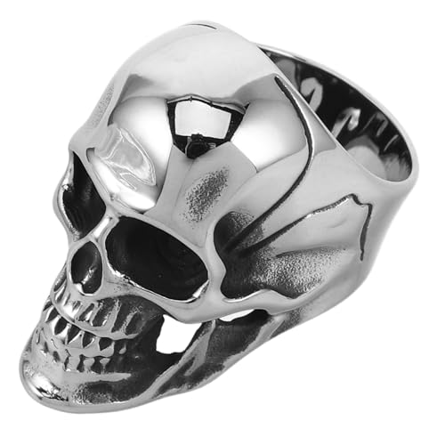 DEARMAMY Edelstahl Totenkopf Ring Vintage Gothic Punk Herrenring mit Detailreicher Schädelkopf Gravur Robust für Halloween Partys und Alltagsschmuck von DEARMAMY