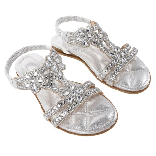 DEARMAMY Feminine Sandalen Damen Sommer Glitzer Strass Sandalen mit Elastischem Riemen Sparkly Sommerschuhe für Strand Urlaub und Shopping Silber von DEARMAMY