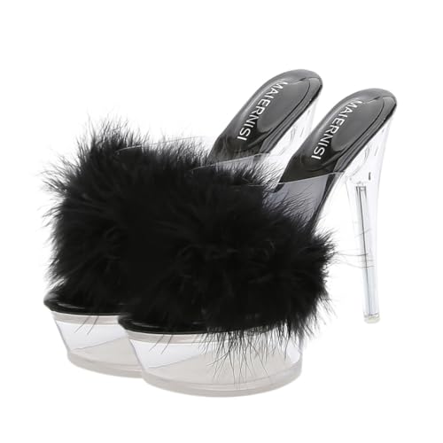 DEARMAMY Fluffy High heeled Slippers Damen Transparent Glänzend Sandalen Thin Heels Angenehm Modisch Attraktiv Für Party Alltag von DEARMAMY