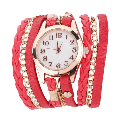 DEARMAMY Gewebte Uhr Manschettenarmband Damen-Tag-Uhren Armband Für Frauen Armbanduhr Modische Armbänder Für Frauen Damen Handuhr Armreif Uhrenarmband Aus Strass Legierung Rot von DEARMAMY