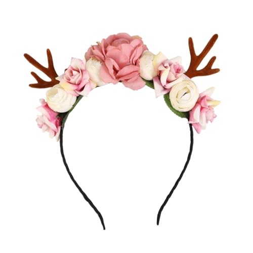 DEARMAMY Haarreif Rentier Geweih mit Blumen Elastisch Einheitsgröße Kreative Weihnachts Haarschmuck für Mädchen Accessoire für Kostüm und Schulaufführung von DEARMAMY