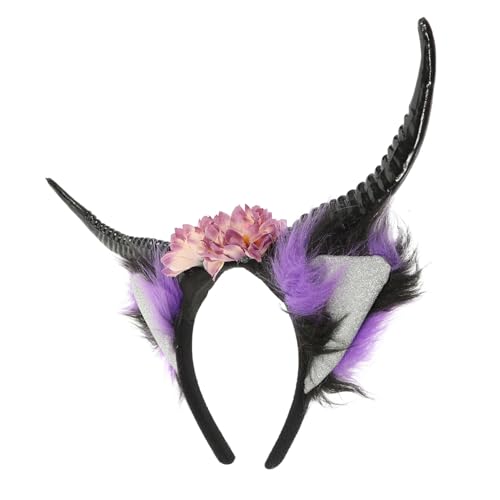 DEARMAMY Horn Stirnband Teufelshorn Haarband Halloween Schafhörner Horn Kopfbedeckung Für Frauen Dämonenhörner Schwarzes Stirnband Halloween Plüsch Ziegenkostüm Hörner Und Ohren von DEARMAMY