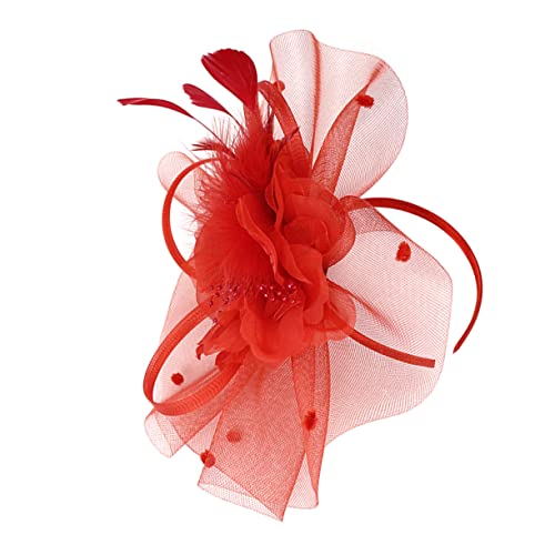DEARMAMY Kopfbedeckung Party Blumen-reifen Fascinator-reifen Netz-haarschmuck Braut-stirnband Haarspange Damen Kopfschmuck Hochzeit Abendparty Dekoration Rot von DEARMAMY