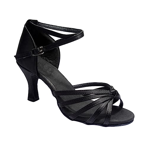 DEARMAMY Latein Tanzschuhe Damen Satin High Heels mit Knöchelriemen und Knoten Detail Offene Zehen Schwarze Absatzschuhe Geeignet für Latin Dance und Festliche Anlässe von DEARMAMY