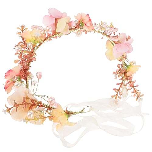 DEARMAMY Perlrosa Kranz Blumenmädchen-kopfschmuck Kronen Stirnband Brautjungfer Party Perle Blumenkrone Für Mädchen Hochzeit Dekorationen Band Rosa Fee Kopfschmuck Stolz Eisendraht von DEARMAMY