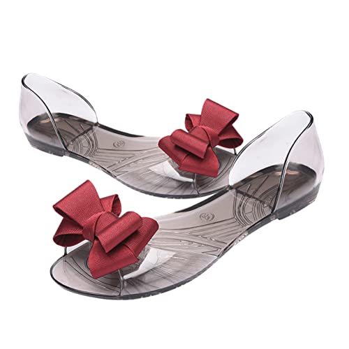 DEARMAMY Rote Flache Jelly Schuhe Damen Sandalen mit Schleife Sommer Strandschuhe Leichte Strapazierfähige Kreative Damenschuhe für Strandurlaub und Alltag von DEARMAMY