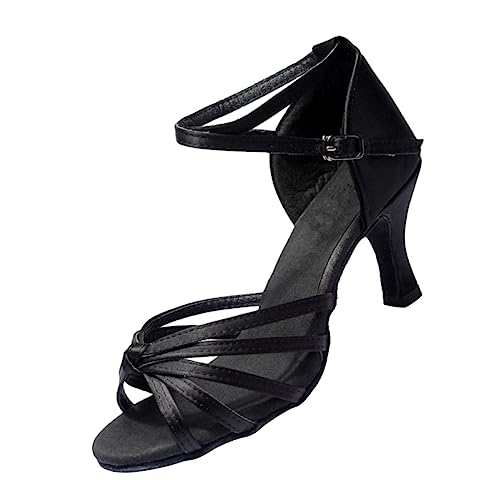 DEARMAMY Satin High Heels Damen Tanzschuhe mit Knotenriemen Offene Zehen Absatz Schwarz Eleganter Look für Latein Tanz und Festliche Anlässe von DEARMAMY