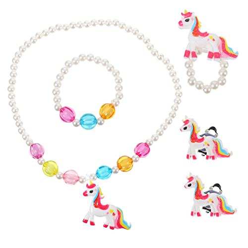 DEARMAMY Schmuckset Teilig Einhorn Design Weiß Ohrringe Armband Ring Halskette für Mädchen Party Kostüm Alltag Bühne von DEARMAMY