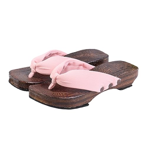 DEARMAMY Stylische Damen Clog Sandalen mit Hohem Absatz Atmungsaktive Holz Stoffmaterialien Rutschfeste Sohlen Komfortable Flache Fußbett slipper für Langes Tragen Japanischer Designtrend von DEARMAMY