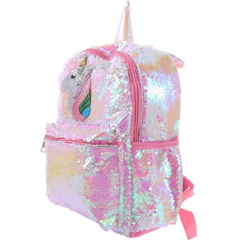DEARMAMY Einhorn Rucksack Mädchen mit Pailletten Glänzende Schultasche mit Großem Fassungsvermögen Rosa 24X10X34Cm Leichte Büchertasche mit Verstellbaren Trägern für Schule Reisen und Tagesausflüge von DEARMAMY