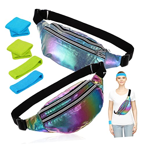 DEARMAMY Vintage Holographic Bauchtasche Set Für Frauen Retro Umhängetasche Mit Stirnbändern Und Handgelenk-armbändern Verstellbare Gürteltasche Für Festivals Und Freizeit Große von DEARMAMY