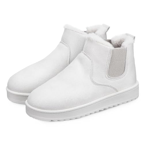 DEARMAMY Warme Damen Winterstiefel Kurz Gefüttert Rutschfest Schneestiefel mit Plüschfutter und Rutschfester Sohle für Alltag Outdoor Wandern und Reisen Weiß von DEARMAMY